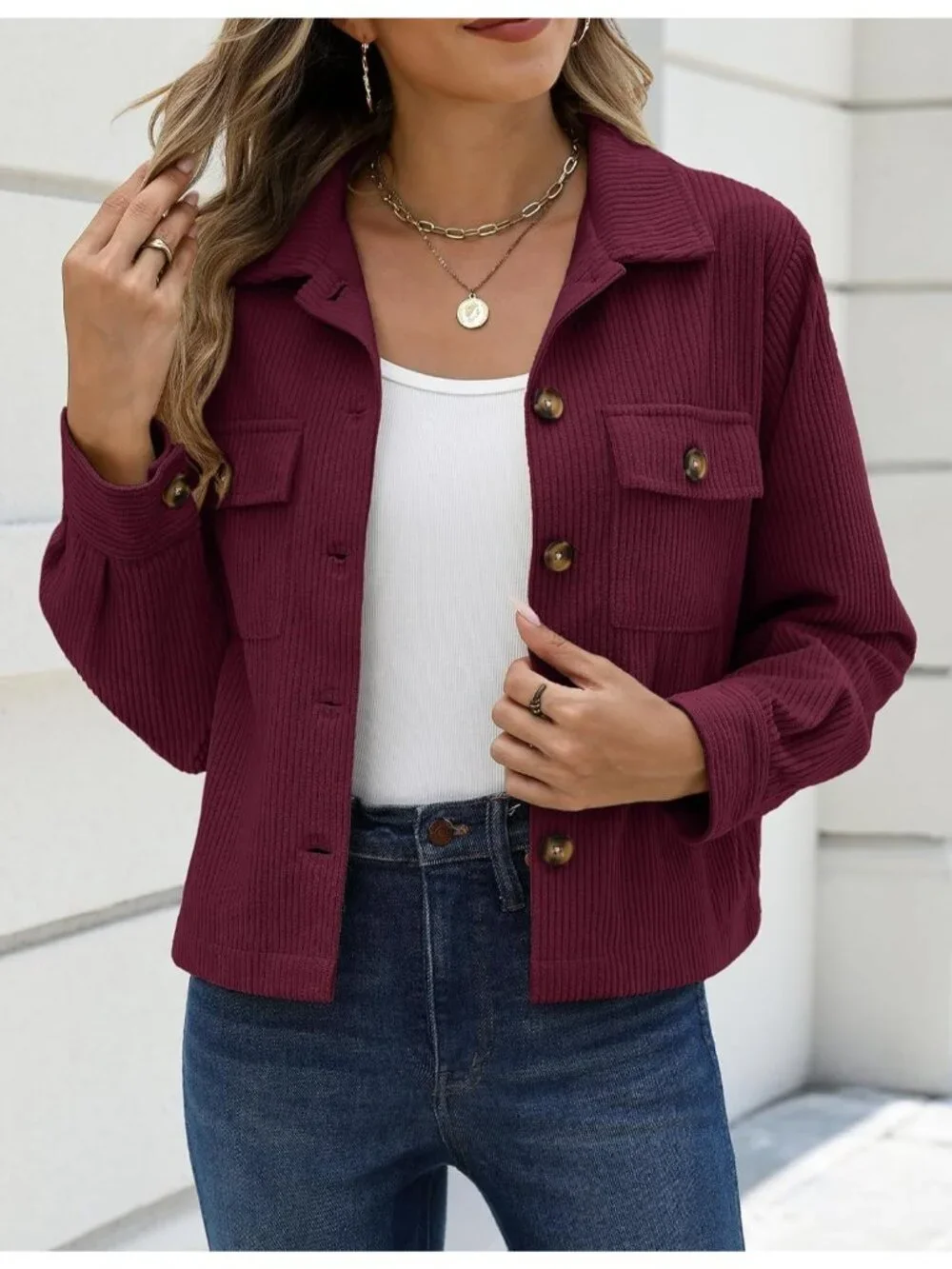 Women's Burgundy Fashion Cropped Corduroy Button Down Long Sleeve Trendy Jacket